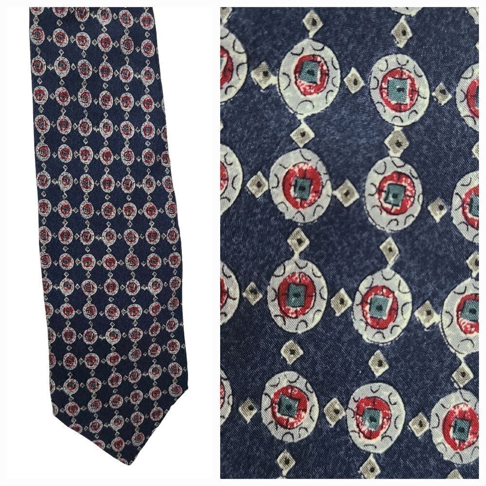 Men's Italian Silk Tie 56" Navy Blue Circle Medallion Luxury Necktie Formal Suit